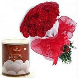 Bunch of 12 Carnations and 1Kg Rasgulla